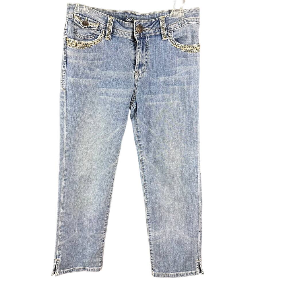 Cache mid-rise cropped bling jeans embellished medium wash size 4 Y2K